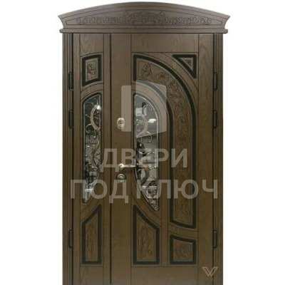 Входная двухстворчатая дверь с окошком и ковкой ДПК-11824